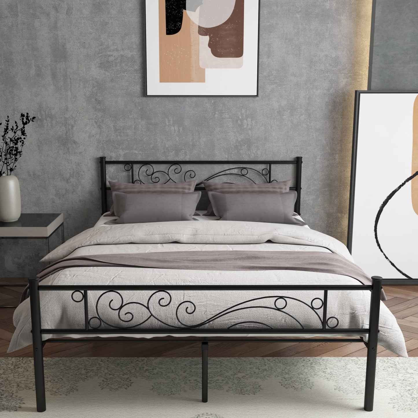 Weehom Full Size Platform Bed with Unique Flower Design Mattress Foundation Strong Metal Slats Support,Easy Assembly Black