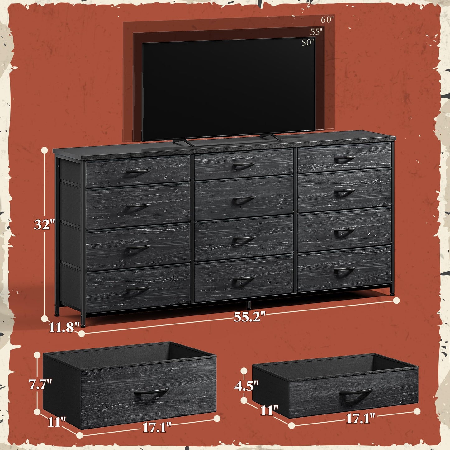 55" Long Dresser for Bedroom with 12 Fabric Drawers, Entertainment Center for 60 inch TV Dressers & Chests of Drawers Large Storage Organizer for Closet, Living Room, Metal Frame, Wood Top, Black