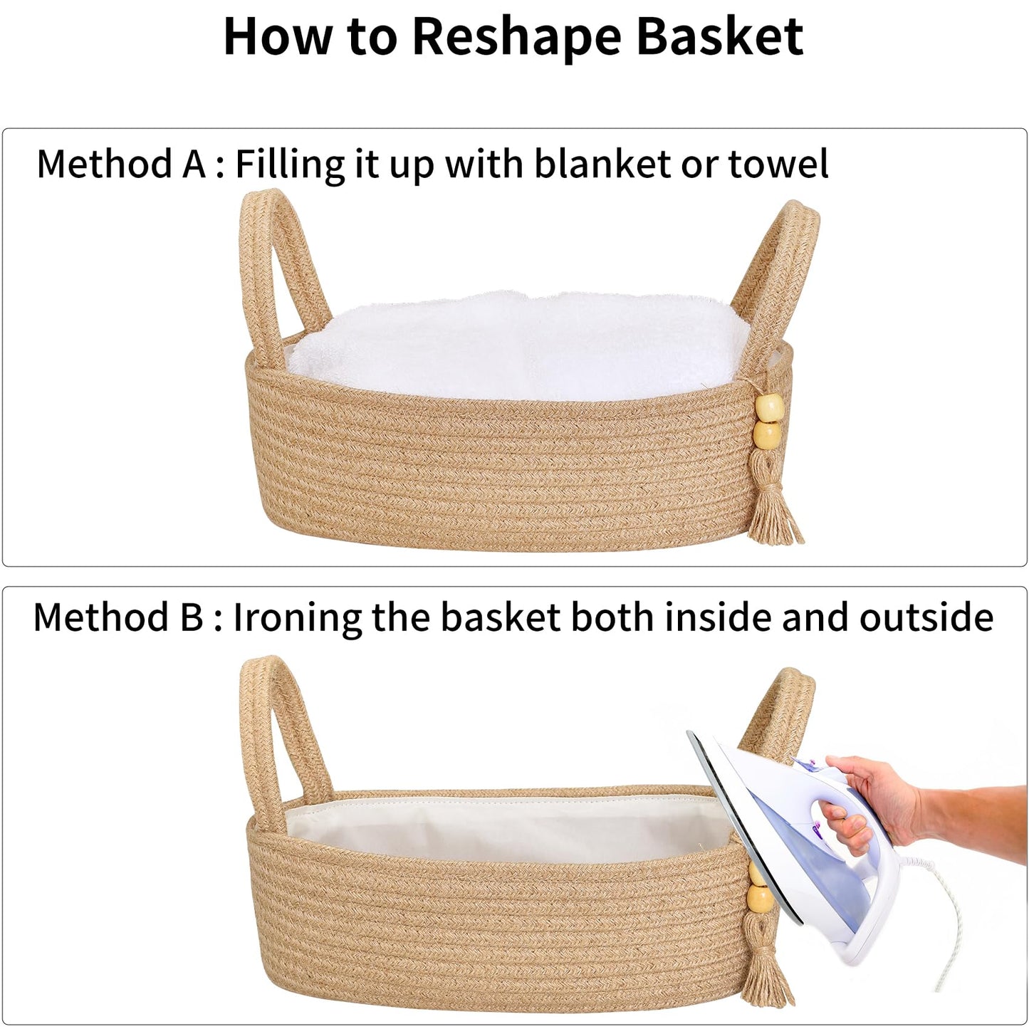 ABenkle Small Storage Basket for Toilet Tank Top - Jute Rope Woven Organizer with Handle, Boho Countertop Bathroom Decor, Toilet Paper Holder, 13x6x4 Inch