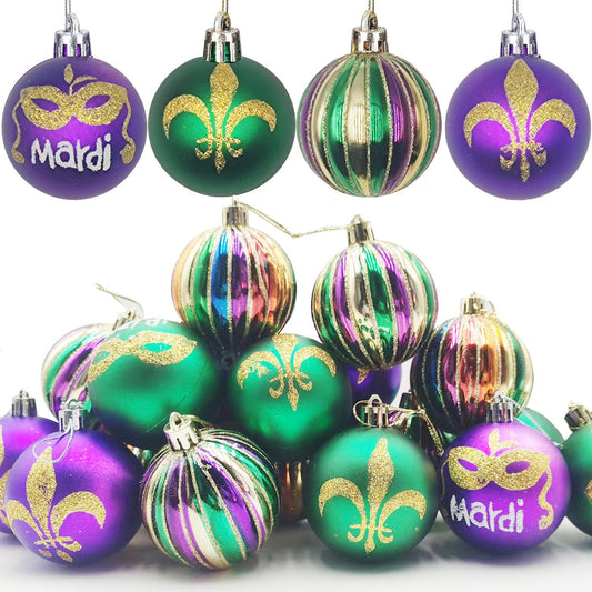 24 PCS Mardi Gras Tree Hanging Ball Ornaments-2.36 Inch Mardi Gras Shatterproof Ball-Purple Green Gold Tree Ornaments for Mardi Gras New Orleans Masquerade Party Decoration