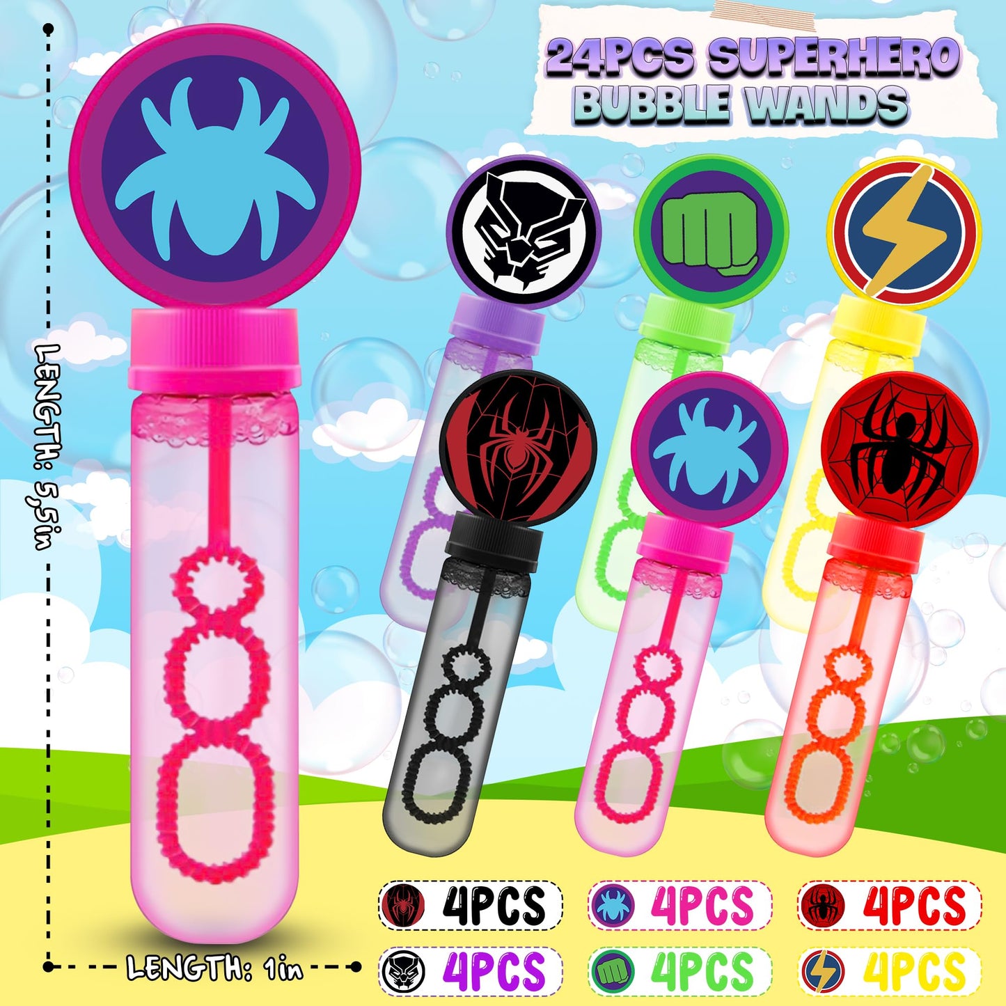 24Pcs Superhero Bubble Wands for Amazing Theme Party Favors - Kids and His Friends Birthday Party Supplies - Outdoor Summer Toys - Valentine Christmas Easter Gift - Spider Goodie Bag Stuffers