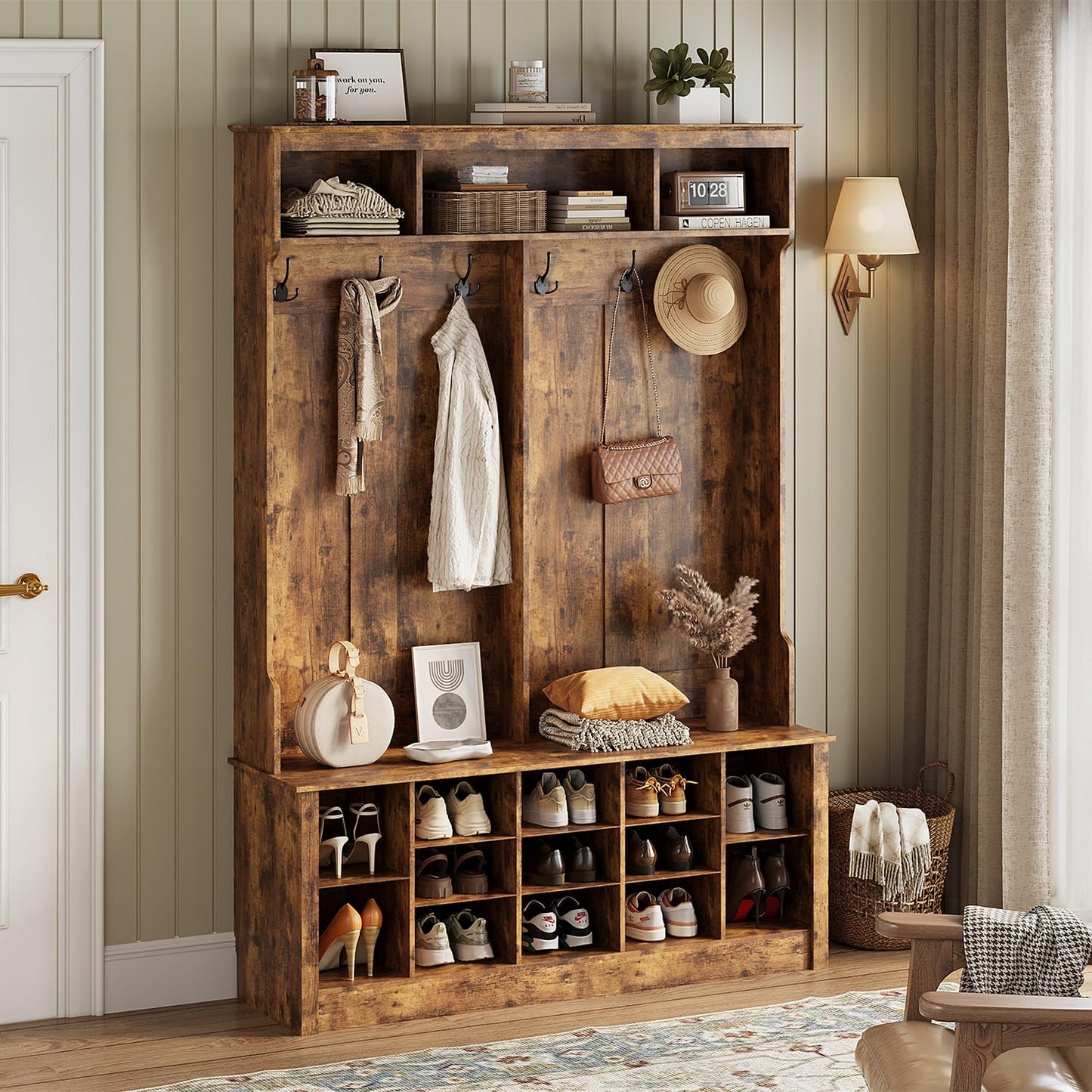 Wodeer Entryway Hall Tree with Bench and Shoe Storage, 53" Farmhouse 4-in-1 Mudroom Storage Organizer with Coat Rack, 6 Double Hooks, 12 Shoe Cubbies, Adjustable Shelf, for Hallway, Bedroom, Brown