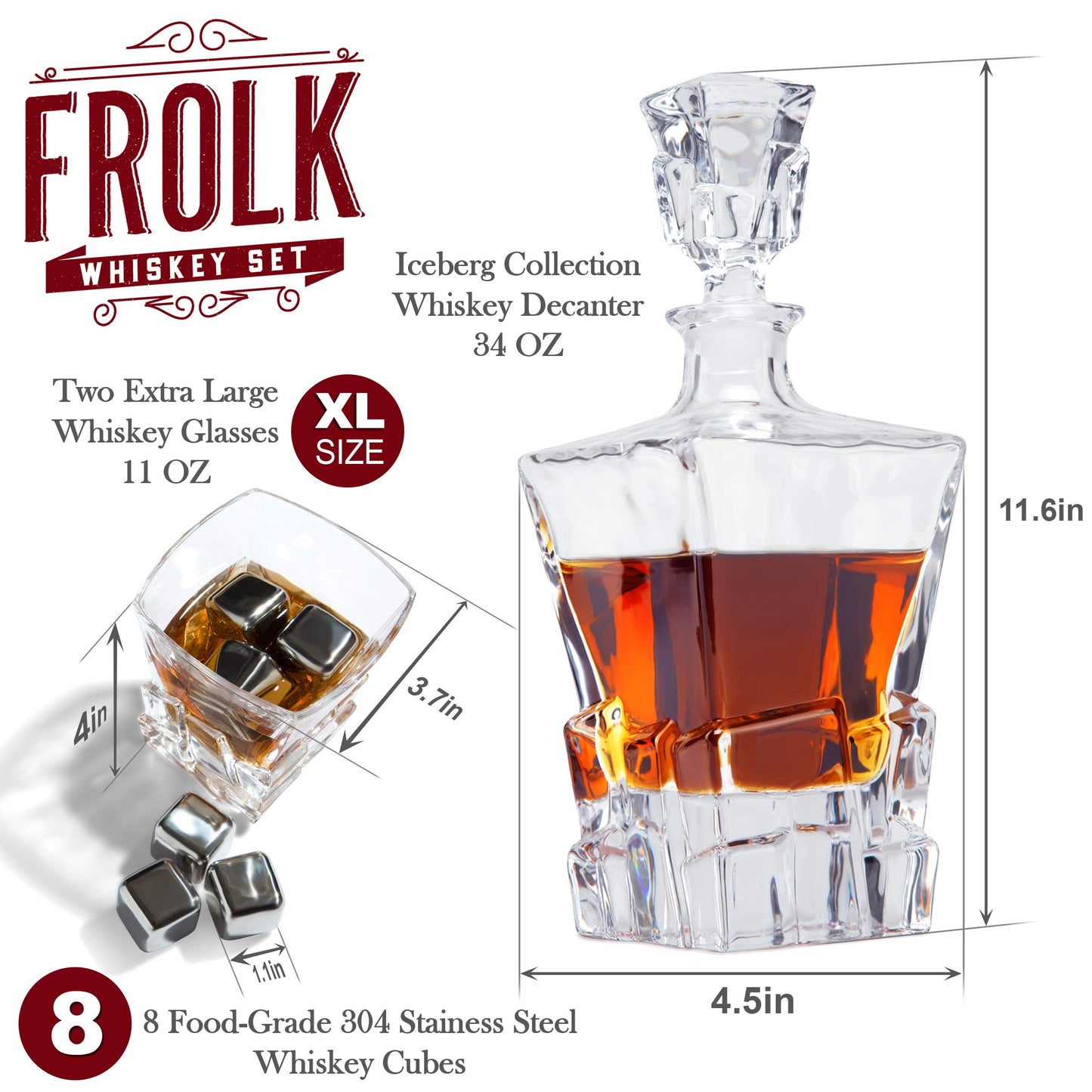 Whiskey Decanter and Stones Gift Set for Men - Whiskey Decanter, 2 Rocks Whiskey Glasses, 8 Stainless Steel Whisky Cubes, 2 Slate Coasters, Special Tongs & Freezer Pouch in Pinewood Gift Box
