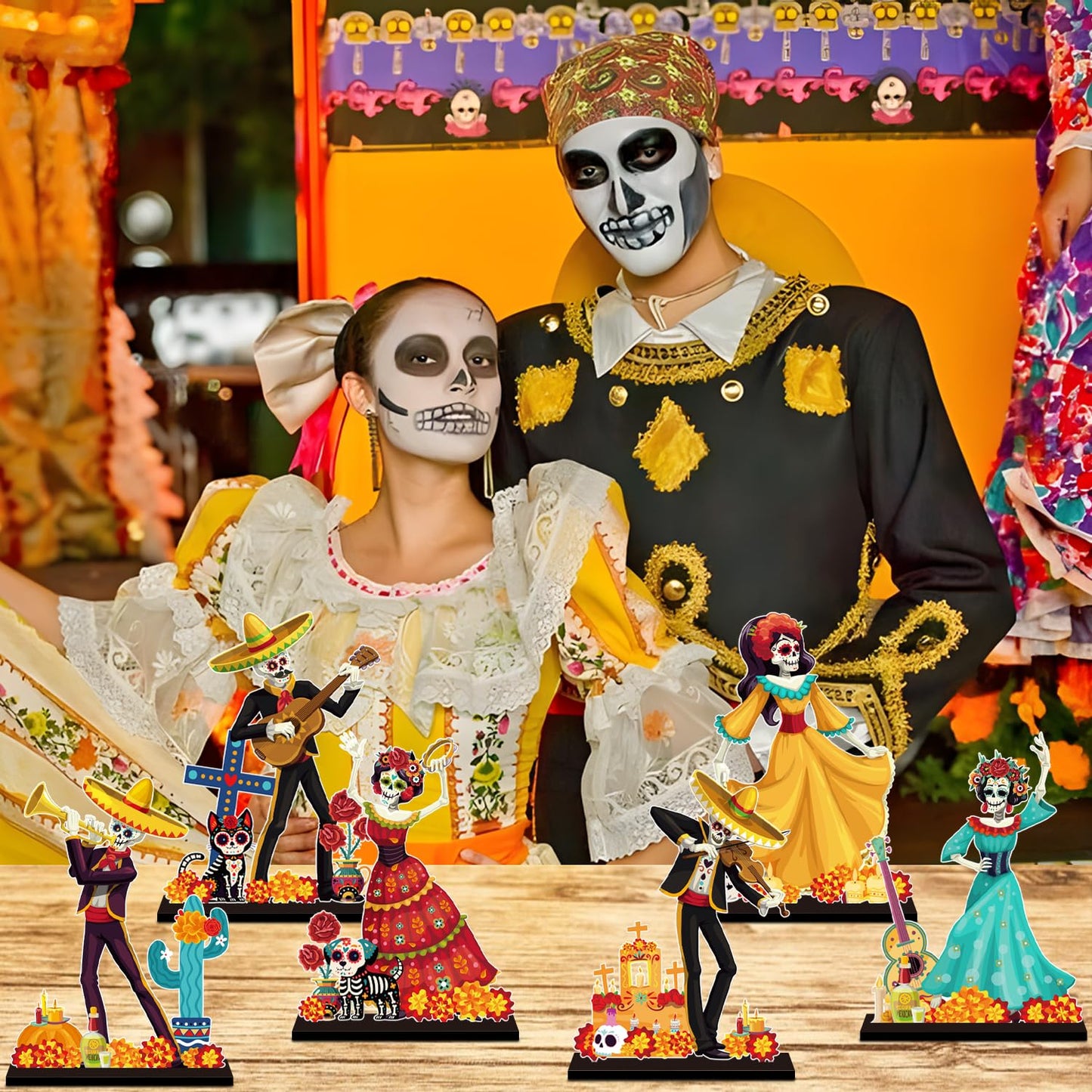 6Pcs Dia De Los Muertos Decorations Wooden Table Centerpiece Day of the Dead Decorations Dancing Couple Sugar Skull Table Topper Photo Props for Mexican Day of The Dead Party Tiered Tray Decor