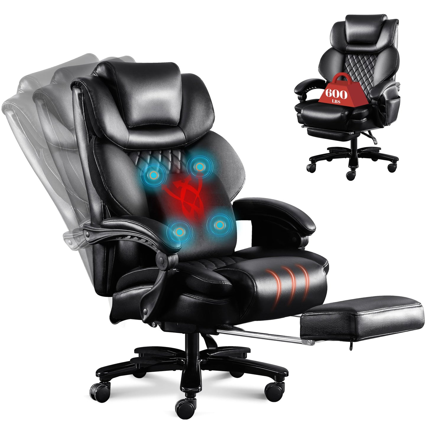 3D Kneading Massage Office Chair, Oversized 600LBS Big and Tall Executive Office Chair with Footrest, Reclining Computer Chairs, Wider Upholstered Seat Ergonomic Desk Chair for Home Office,Black