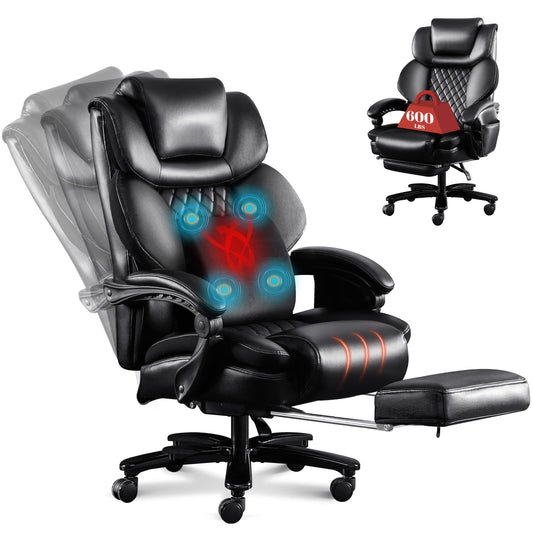3D Kneading Massage Office Chair, Oversized 600LBS Big and Tall Executive Office Chair with Footrest, Reclining Computer Chairs, Wider Upholstered Seat Ergonomic Desk Chair for Home Office,Black