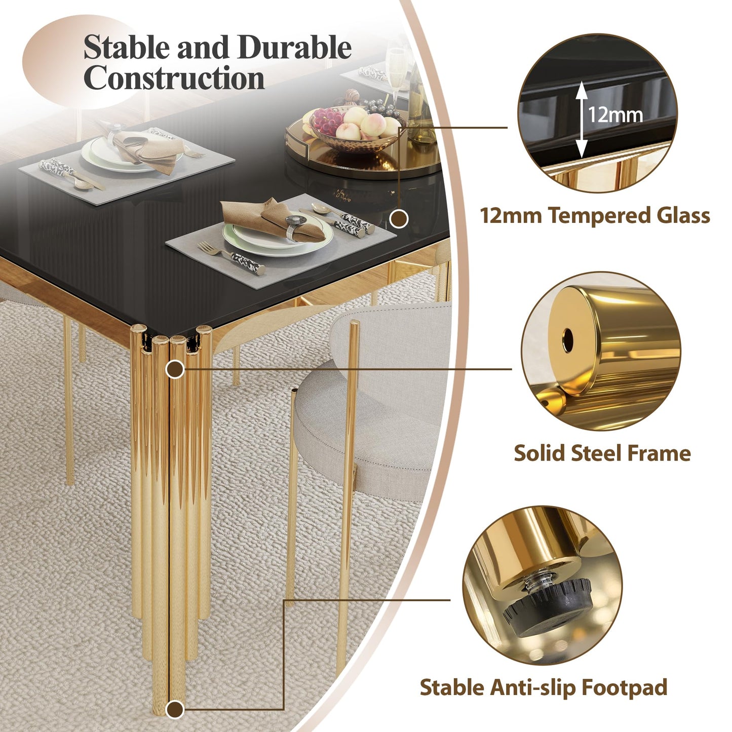 65" Glass Dining Table,Black Tempered Glass Kitchen Tabe with Gold Legs,Golden Dinner Table for 4-6,Rectanglar Modern Dining Table for Apartment,Dining &Kitchen Room(Table Only)