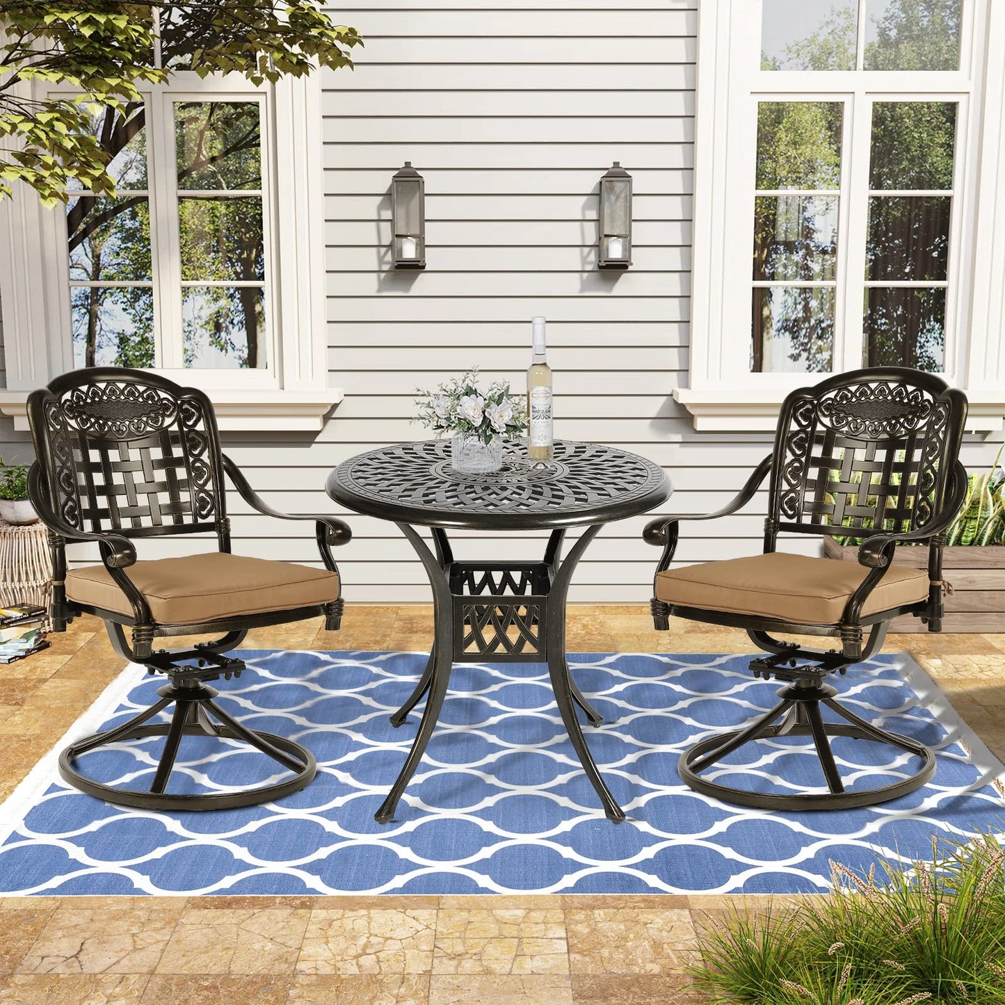 VIVIJASON 3-Piece Patio Bistro Set, Outdoor All-Weather Cast Aluminum Furniture Dining Set, Include 2 Swivel Chairs and 31" Round Table w/Umbrella Hole for Balcony, Lawn, Garden, Antique Bronze