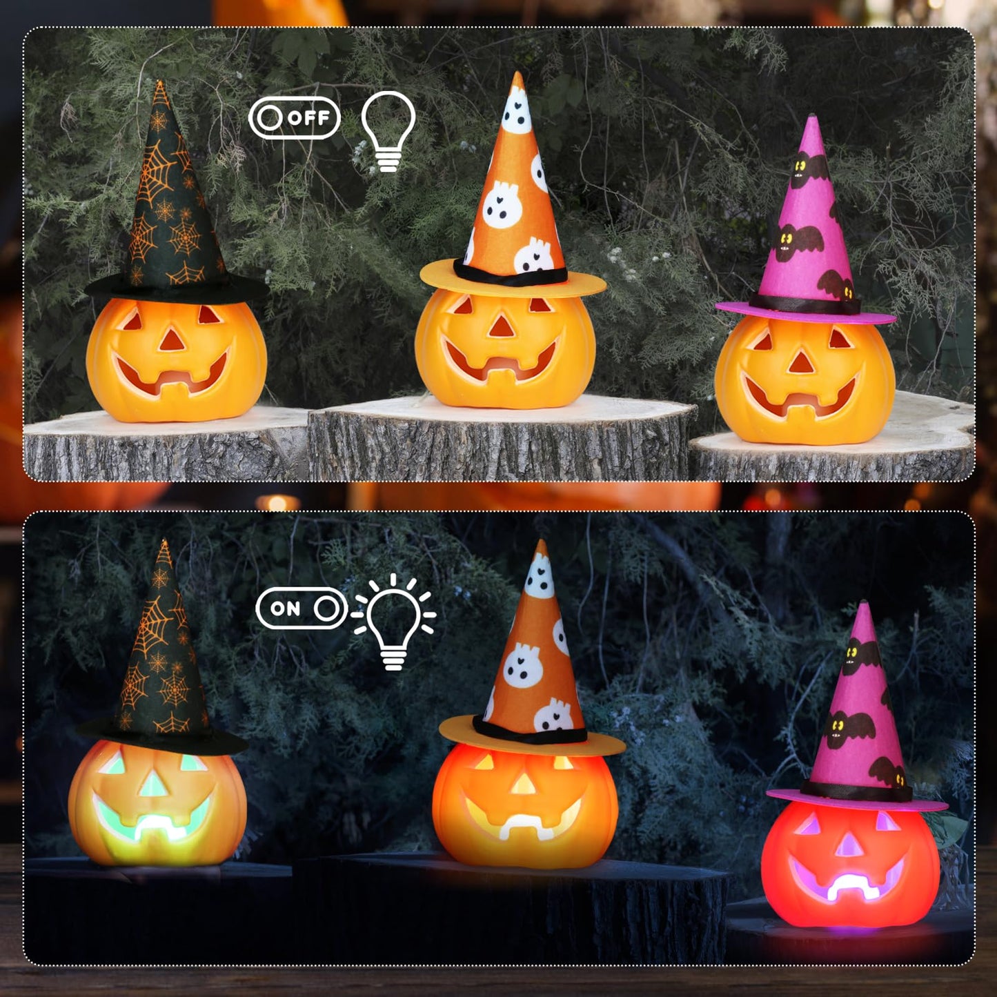 3 Pack Jack O Lantern, Lighted Pumpkin with Hat Halloween Decorations, Waterproof Indoor Outdoor Table Ornaments for Home Party Decor (Hat Pumpkin)