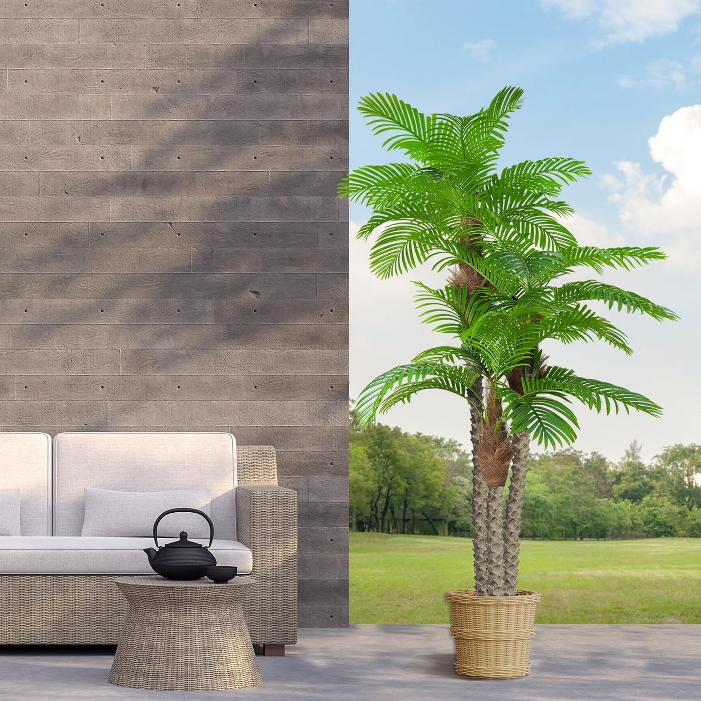 8.5ft Fake Palm Tree for Outdoors - UV Resistant, Triple Tropical Palm Artificial Plant Tree -Perfect for Patio, Poolside, Home Decor