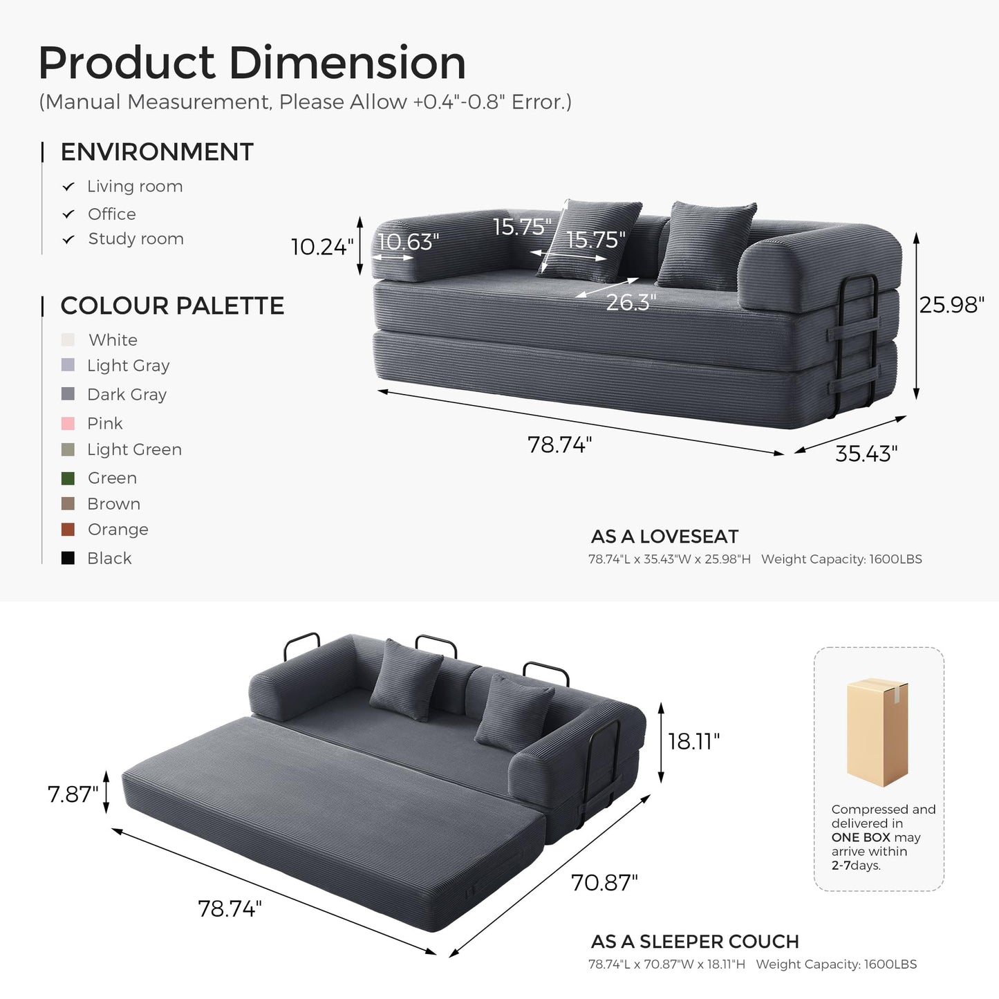 79" Convertible Sofa Bed with Fixed-Shape Frame & Removable Armrests, Modular Corduroy Sleeper Sofa, Folding Mattress Couch for Small Spaces - No Assembly Needed in Dark Gray (Includes 2 Pillows)