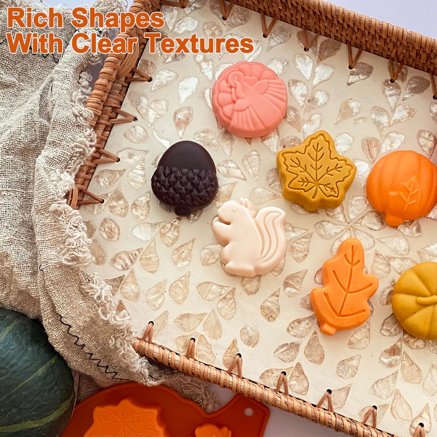 2PCS Fall Silicone Molds Thanksgiving Chocolate Mold Pumpkin Soap Mold Autumn Maple Leaf Candy Mold Acorn Squirrel Ice Cube Mold for Baking Halloween Cake Cupcake Decoration (Amber yellow)