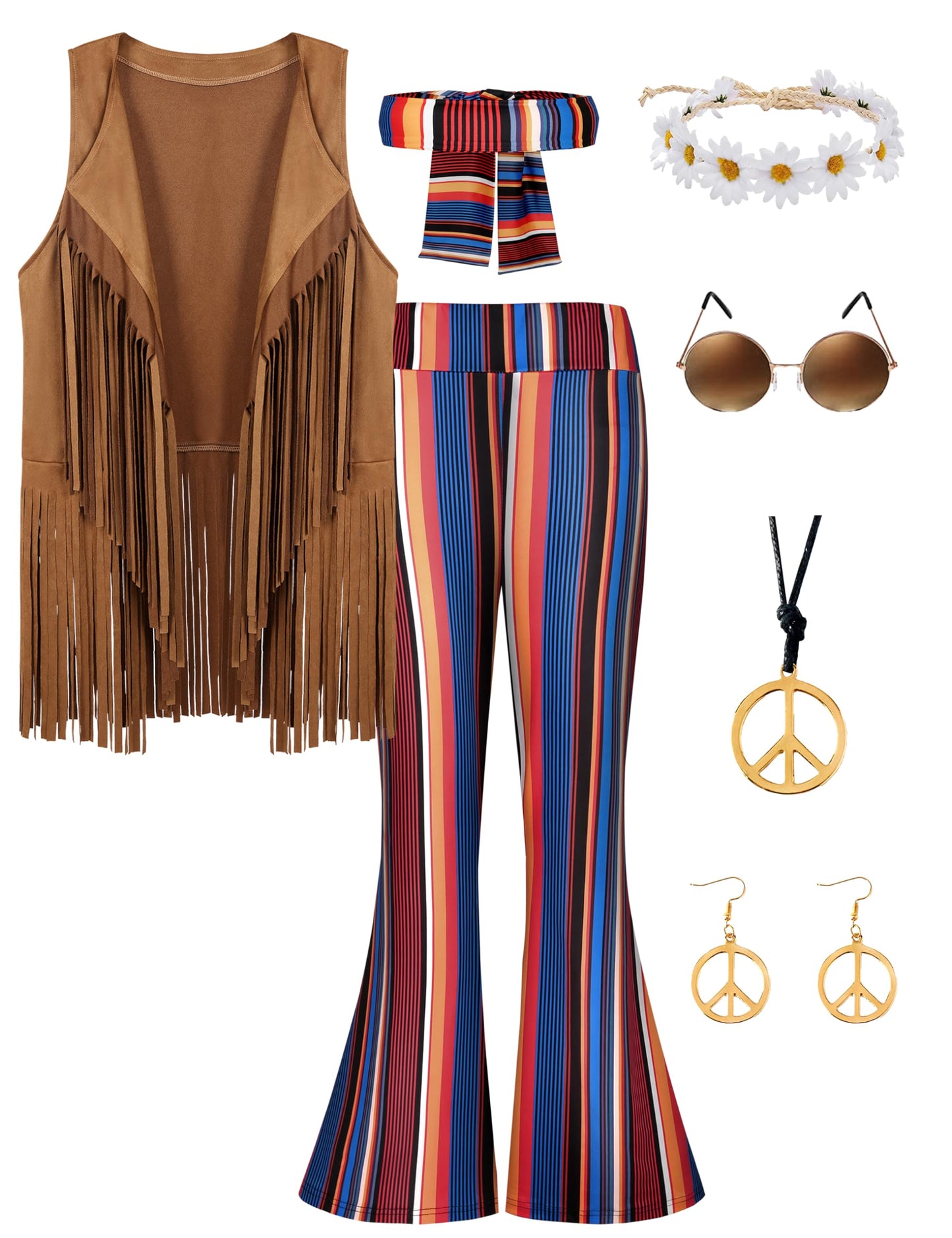 60s 70s Outfit for Women Hippie Costume 8pcs Fringe Vest Flared Pants Costume Peace Sign Necklace Earrings