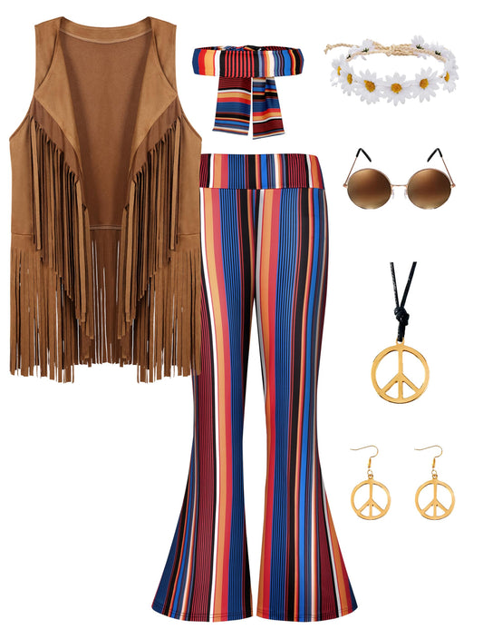 60s 70s Outfit for Women Hippie Costume 8pcs Fringe Vest Flared Pants Costume Peace Sign Necklace Earrings