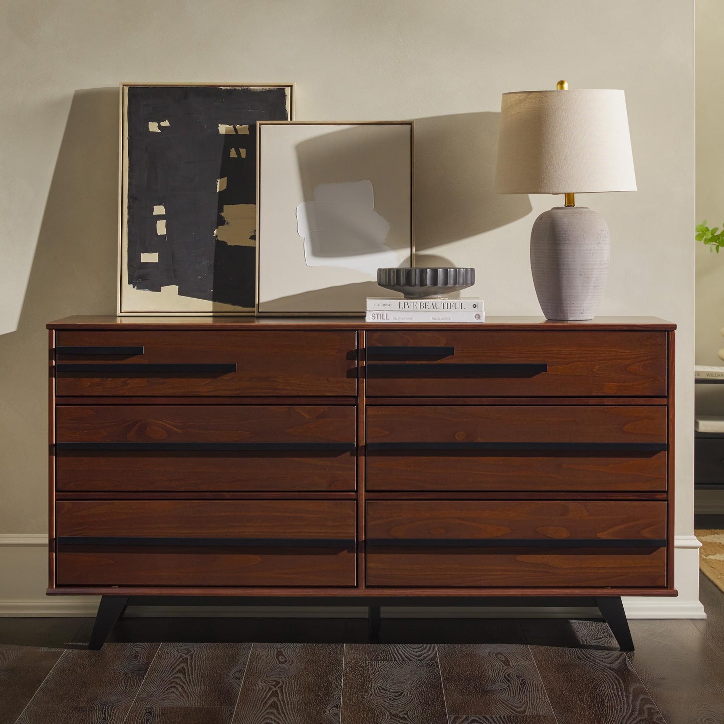 Walker Edison Malhia Contemporary Minimalist Solid Wood 6-Drawer Dresser, 60 Inch, Walnut