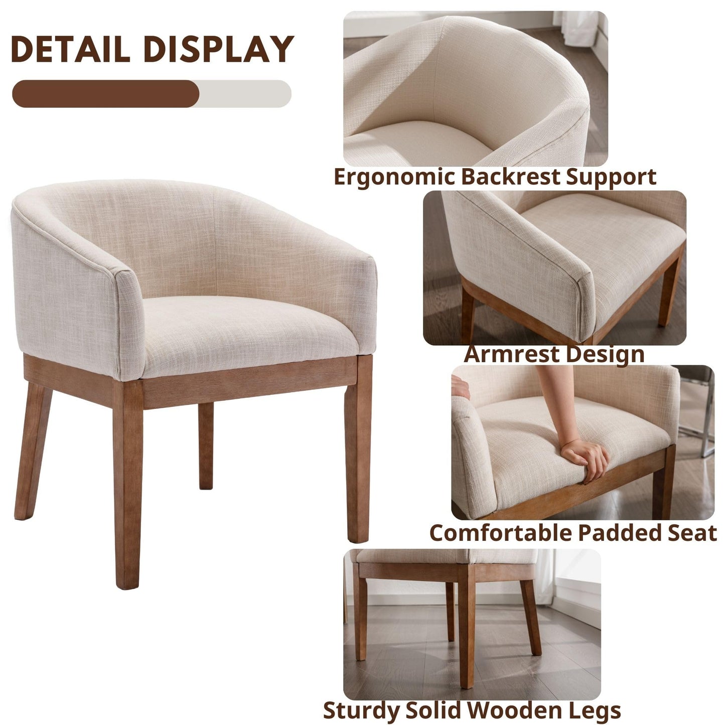 Washon Upholstered Dining Chairs Set of 4, Mid Century Modern Dining Room Chair with Arms, Barrel Kitchen Chair with Solid Wood Legs, Accent Side Chairs for Bedroom/Living, Beige