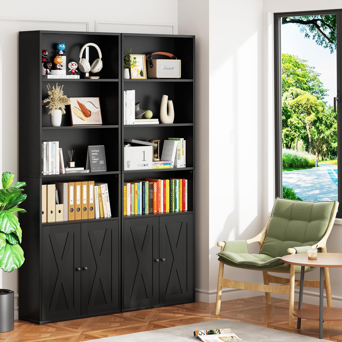 Vongrasig 6-Tier Open Bookcase and Bookshelf with Doors, Floor Standing Farmhouse Display Storage Shelves 71 Inch Wood Tall Bookcase for Home Office, Living Room, Bed Room, Black