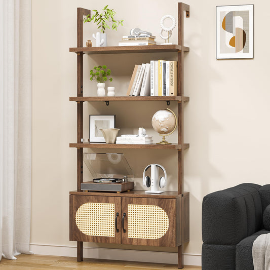 72" Tall Ladder Bookshelf with Cabinet - Faux Wood Grain Finish, 5-Tier Open Storage with Rattan Doors, Wall Mounted Book Shelf, Rustic Brown