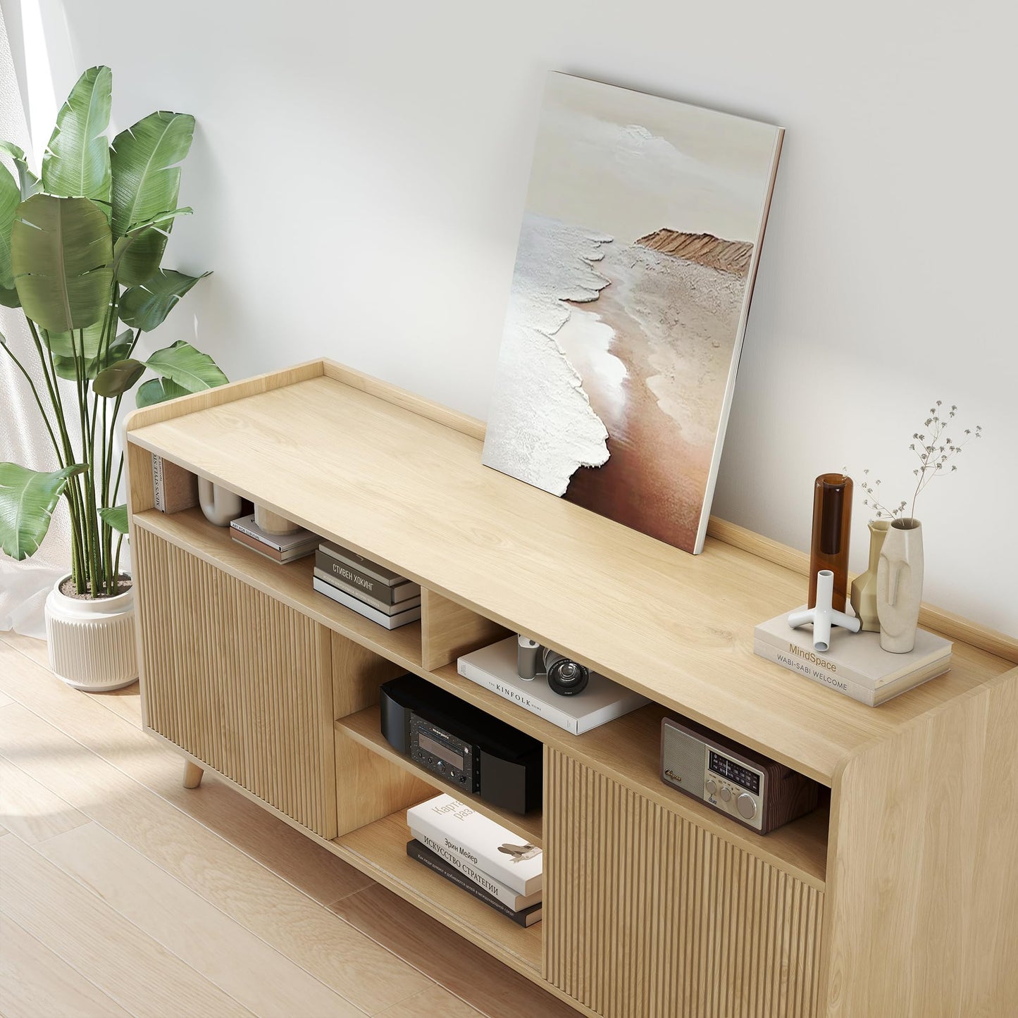 55'' TV Stand for 65 Inch, Fluted Modern TV Stands for Living Room with Sliding Doors and Adjustable Shelf, Entertainment Center with Storage Media TV Console Table for Bedroom (Natural Oak)