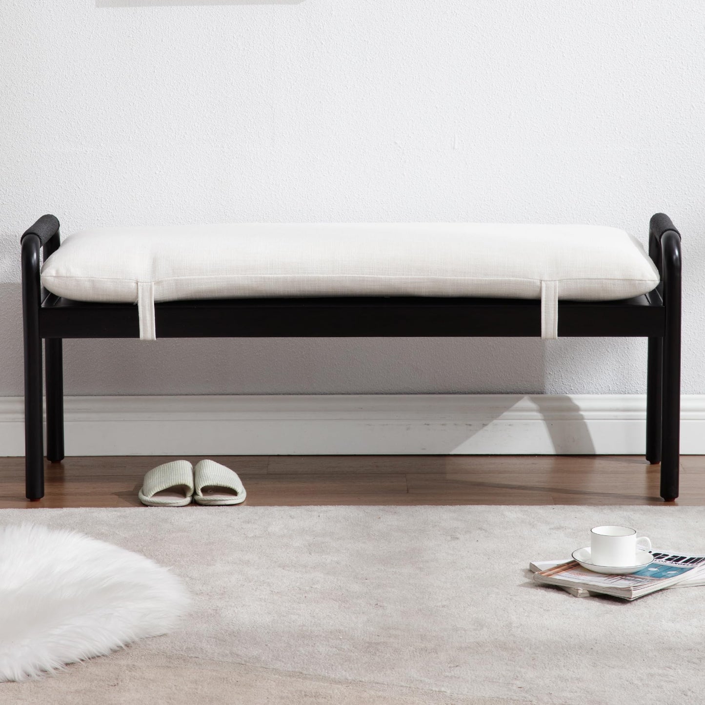 48" Upholstered Bench for Bedroom End of Bed, Linen Entryway Bench for Living Room, Dining Bench with Padded Seat and Black Wooden Legs for Kitchen Bedroom/Indoor/Hallway, Beige