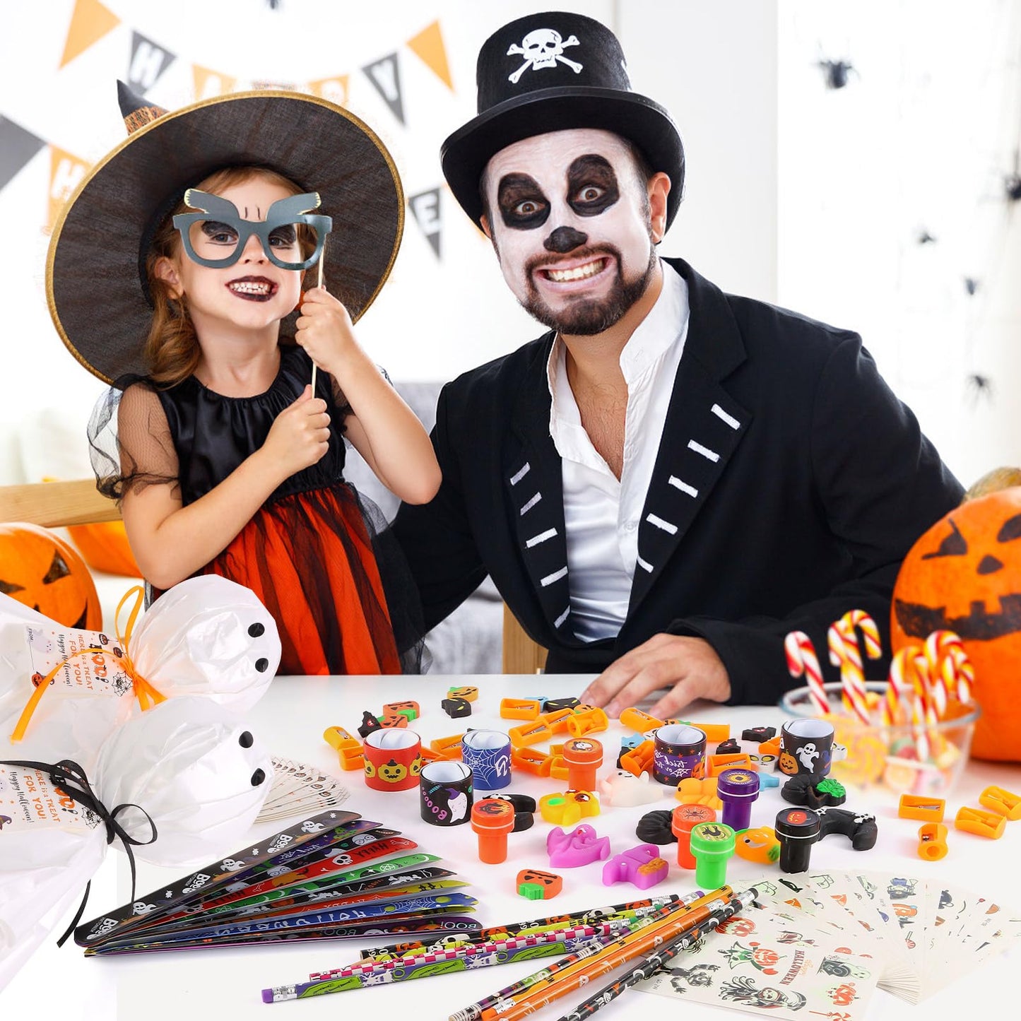24Pack Halloween Party Favors for Kids, Giant Lollipop with Gift Cards, Pencils, Temporary Tattoo Stickers, Erasers, Stampers, Sharpener for Classroom School Exchange Party Favors for Boys and Girls