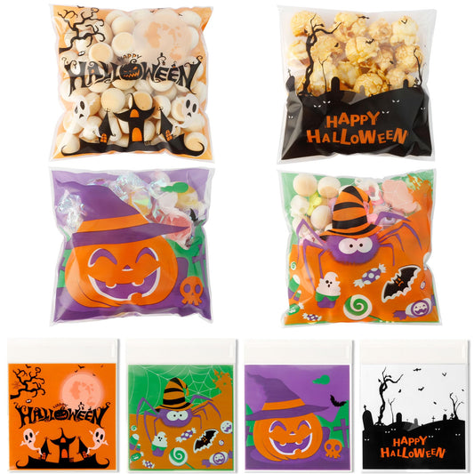 100 PCS Halloween Treat Ziplock bags(4x4 Inch) Self-sealing Candy Cookie Goodie Goody Small Gift Wrap Bags for Halloween Party Favors Supplies Decorations Spider Web Bat Pumpkin Pouches Table Decor