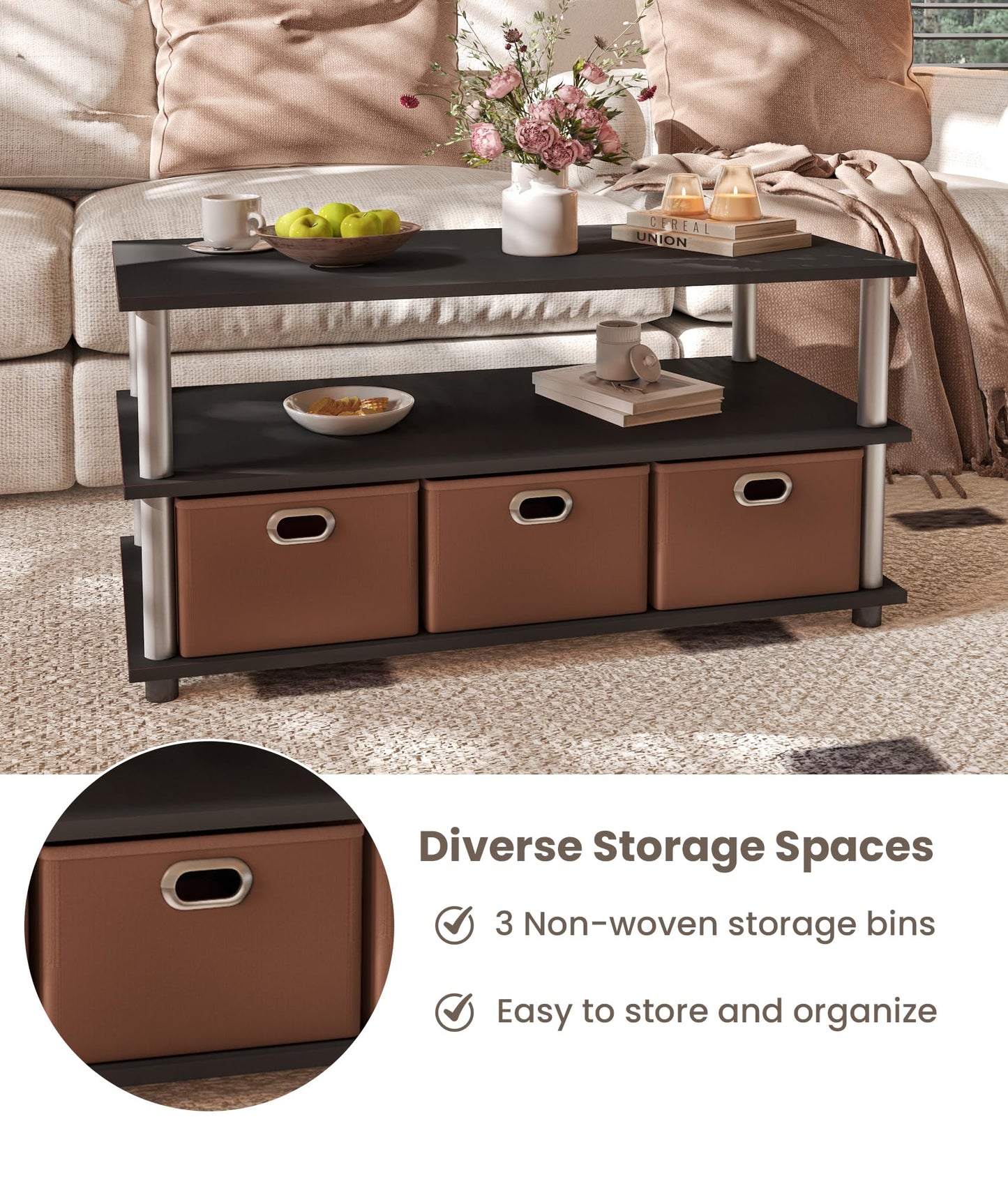 VPSMAT Coffee Table for Living Room, Wood Center Table with Storage Shelf and 3 Drawers for Living Room Apartment Home Office Black/Brown