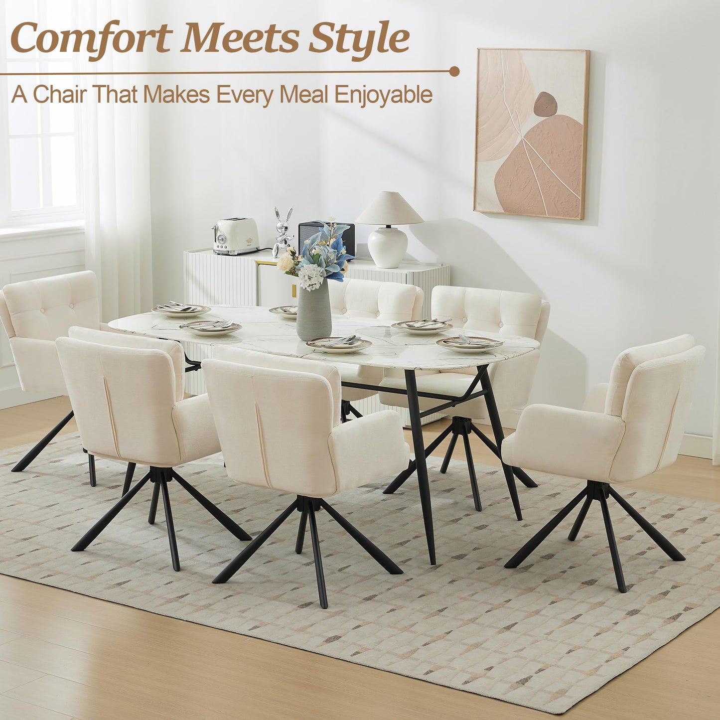 WUTUTUEE Fabric Dining Chair Modern Upholstered Swivel Dining Room Chairs Comfy Accent Armchair with Mid Back, Desk Arm Chair No Wheels for Kitchen/Living Room/Dining Room, White