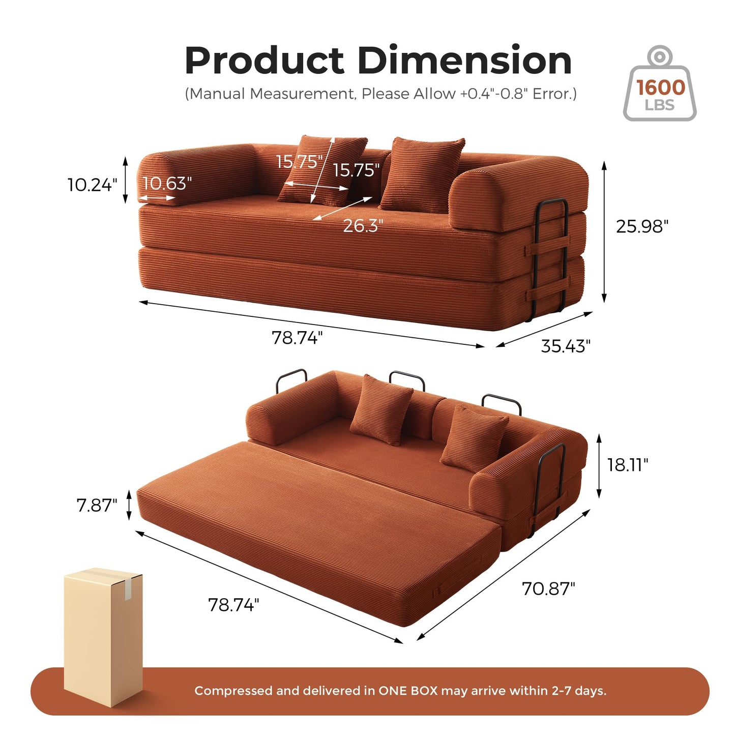 79" Convertible Sleeper Sofa Bed, Floor Sofa Lounge Couch with Fixed-Shape Frame, Modular Sectional Sofa Bed with 2 Pillows, Corduroy Loveseat Couches for Living Room, Bedroom, Lounge Studio（Orange）