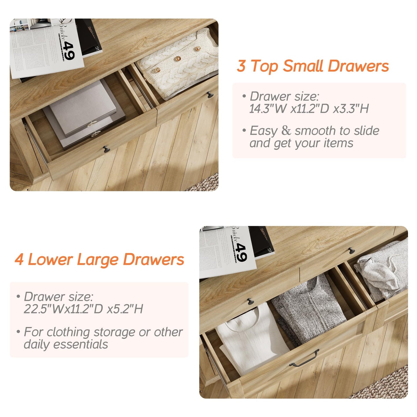 WAMPAT 3 Piece Bedroom Set - Includes 7 Drawer Dresser for Bedroom, Set of 2 Night Stands with Charging Station & Drawers, 3 Piece Dresser and Nightstand Sets, Oak