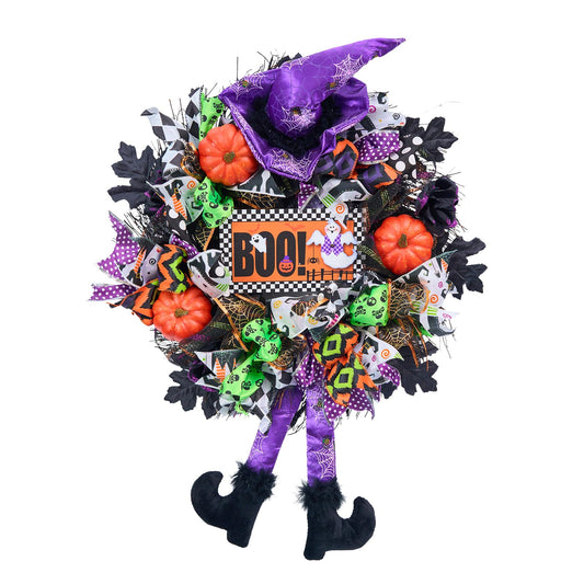 Vofuly Wreath for Front Door,20inch mesh Wreath,Pumkin & Witch Wreath with Legs,Fun Porch Decor,Decoration,Whimsical Halloween,Purple Green Orange (V23HL001)