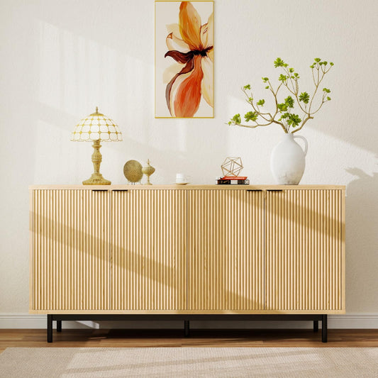 58" Modern Fluted Sideboard Buffet Cabinet in Natural Oak, Accent Storage Console with Adjustable Shelves for Dining Room, Living Room