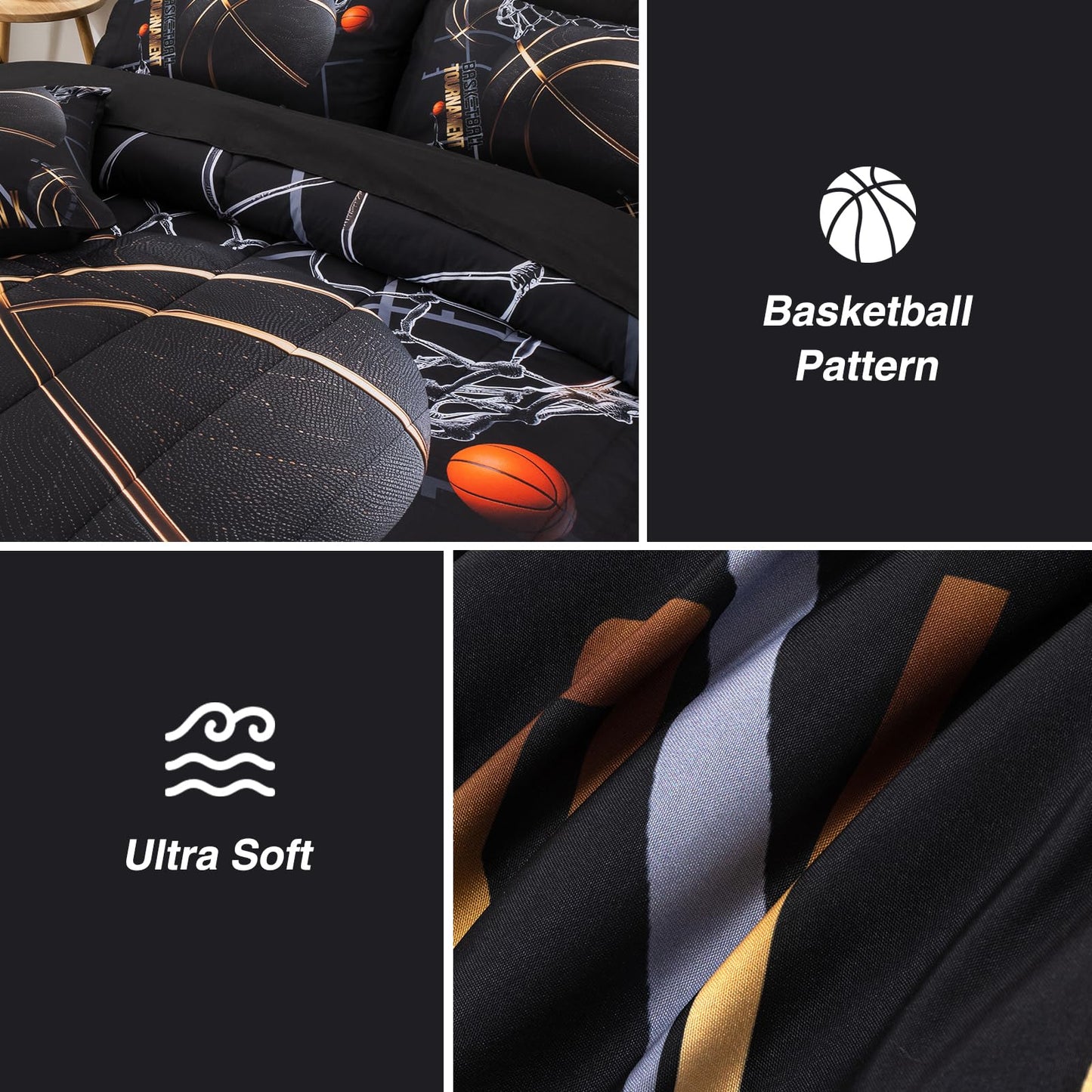 A Nice Night Basketball Court Printed Comforter Sets,with Sportsman Slam Dunk Printing 6Pcs Bedding Set in a Bag for Teen Boys,Twin