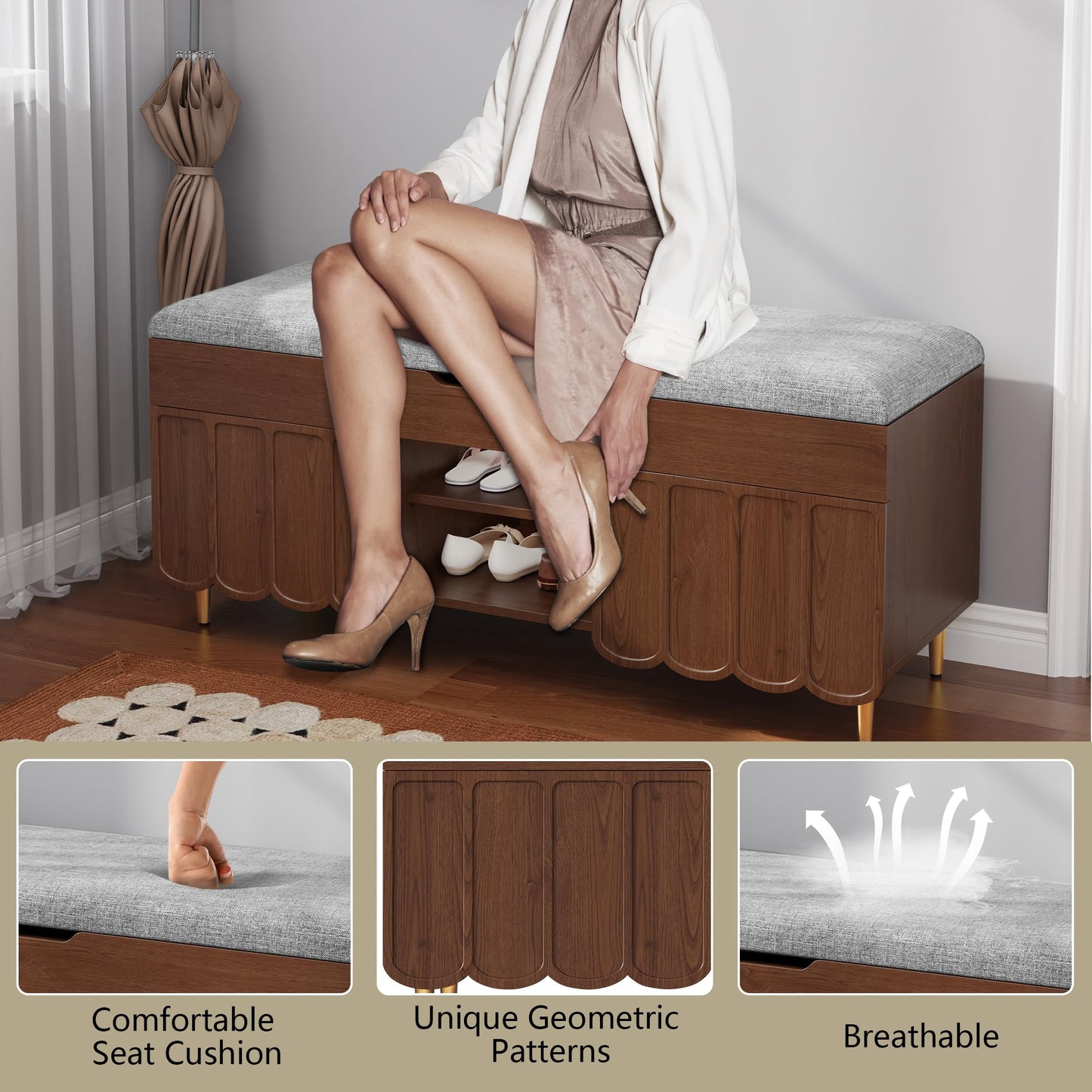 3More 40" Entryway Shoe Storage Bench，Upholstered Hidden Space Beneath Seat Cushion Bench，2-Tier Unique Geometric Shape with Wood Grain，Walnut
