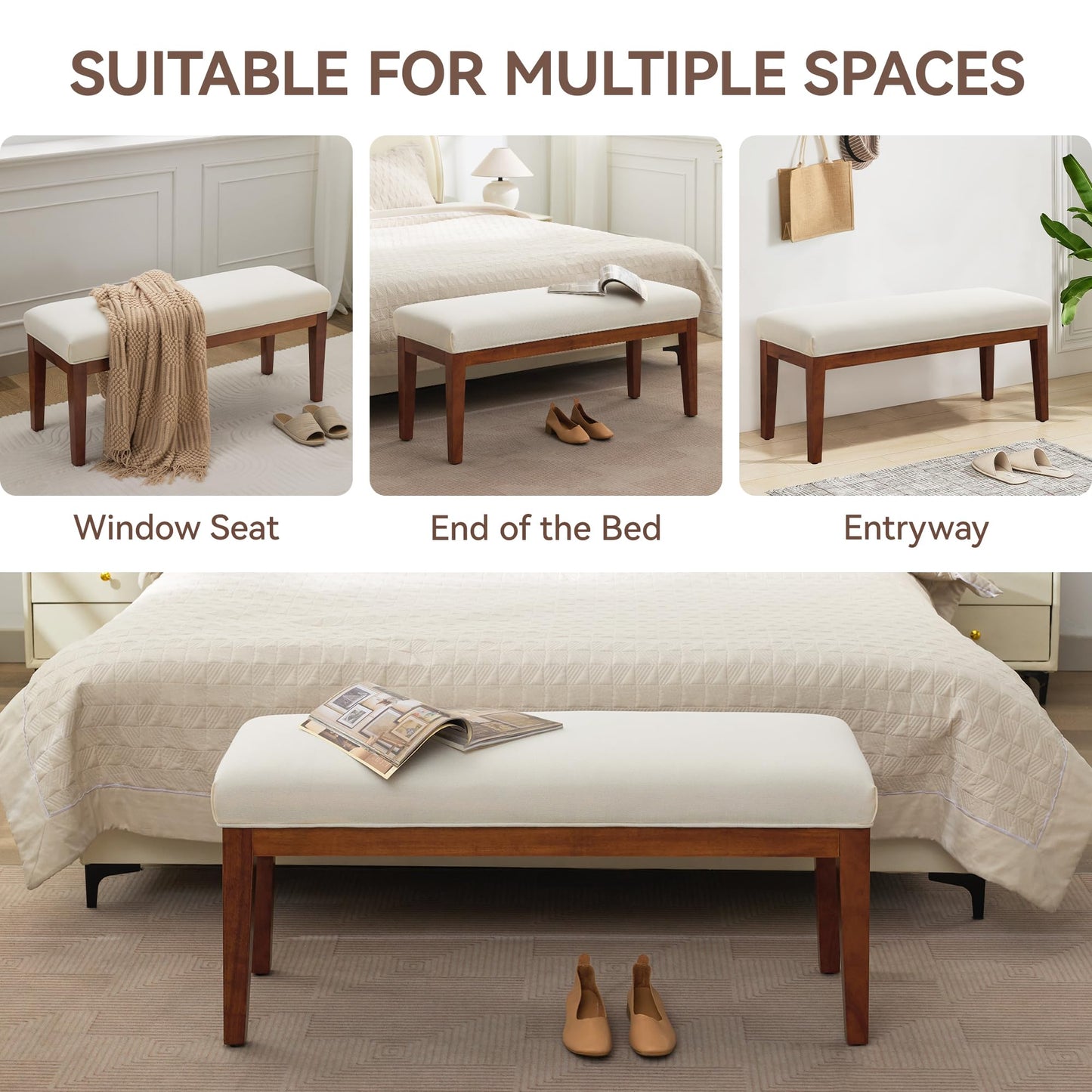 43.5'' Linen Bedroom Bench, Upholstered End of Bed Bench, Padded Vintage Dining Bench, Entryway Bench with Solid Wood Legs, Kitchen, Living Room, Hallway, White