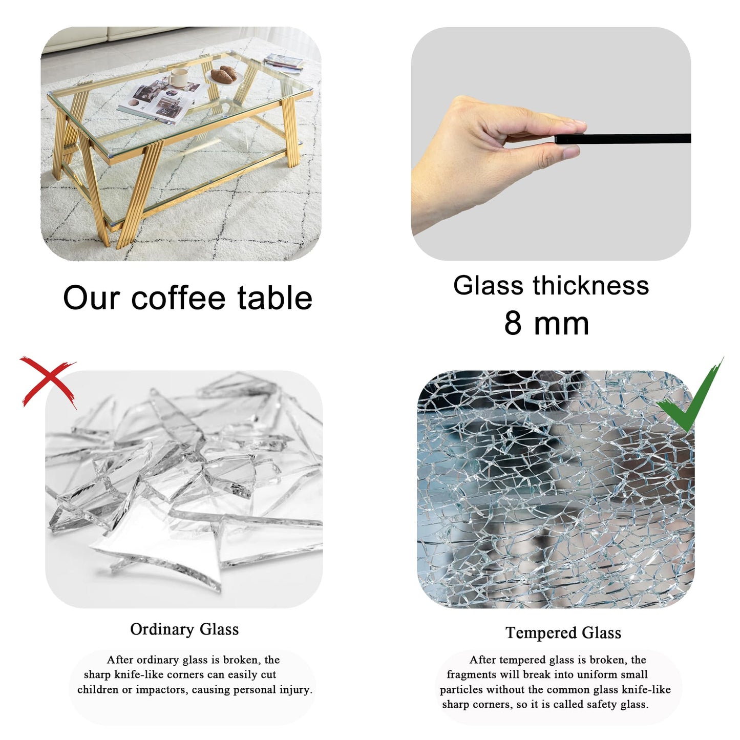 47" Modern Coffee Table, Double-Layer Clear Tempered Glass Table Top with Stainless Steel Frame, Center Table with Storage, for Living Room Home Office, Gold