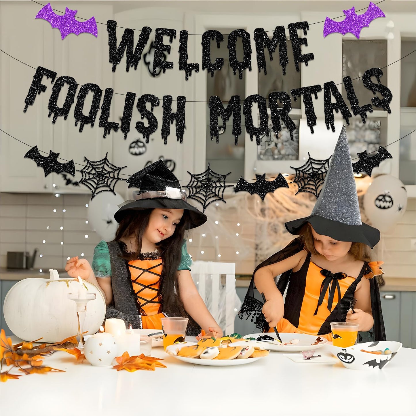 Welcome Foolish Mortals Halloween Banner Decorations Halloween Haunted Mansion Banner Wall Decorations with Bat and Spider for Halloween Party Decorations