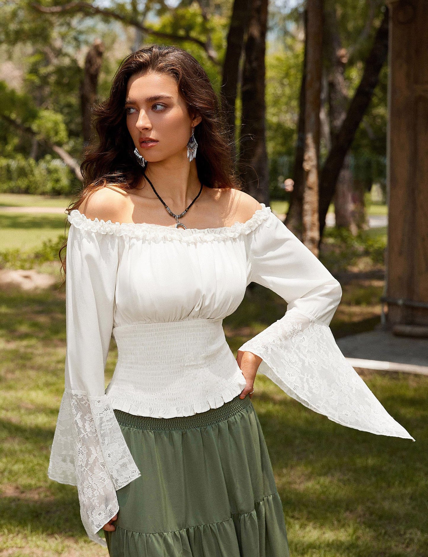 Women Renaissance Shirt Bell Sleeve Shirt Off The Shoulder Long Sleeve y2k Top White M