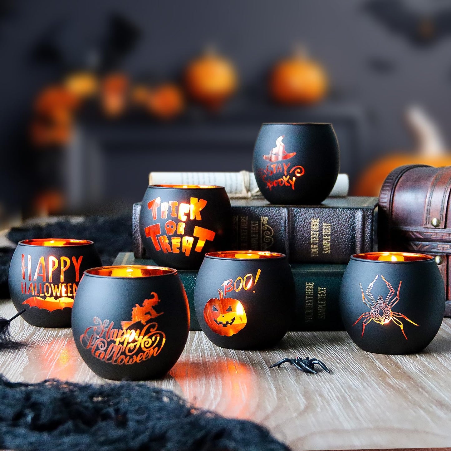 WDHODEC Halloween Candle Holders 6 Pieces Black Glass Votive Candle Holder for Halloween Wedding, Party, Table Centerpiece Décor Halloween Decorations Indoor and Outdoor