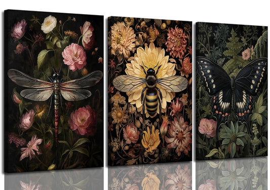 3pcs Framed Dark Floral Plant Canvas Wall Art Vintage Insect Bee Dragonfly Butterfly Wall Decor Pictures Moody insect Posters Prints for Gothic Dark Academia Aesthetic Decoration 12x16in