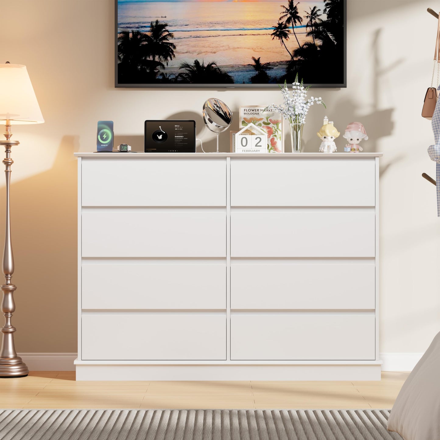 White 8 Drawer Dressers for Bedroom, Chest of Drawers with Deep Drawers, Large Double Dresser for Closet with Wide Top, Horizontal Wooden Dresser for Living Room, Hallway, Kids Room