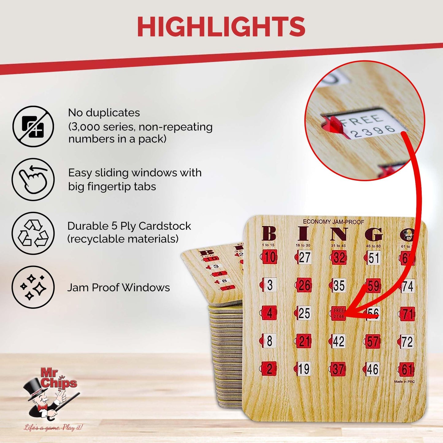 MR CHIPS Jam-Proof Bingo Cards with Sliding Windows, 25 Reusable Shutter Cards, 75 Calling Cards 1 Master Board in Tan Woodgrain Style