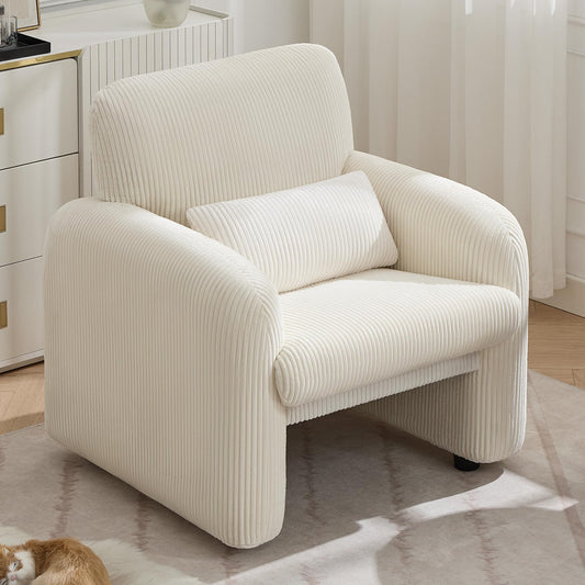 WUTUTUEE Corduroy Fabric Accent Chair, Modern Upholstered Living Room Chairs with Lumbar Pillow, Wide Comfy Leisure Armchair for Bedroom, Office, Reading, White