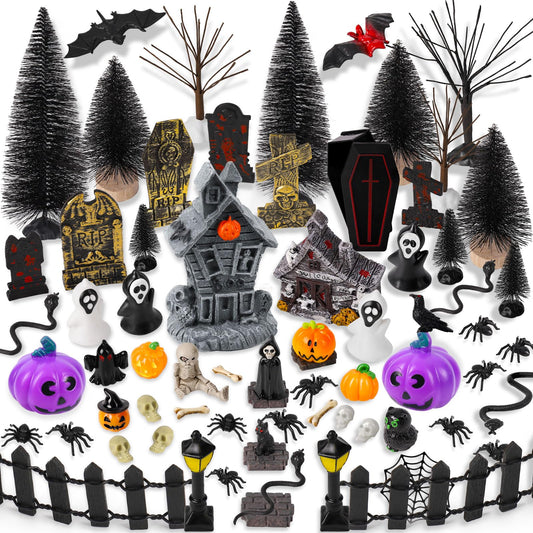 88 PCS Halloween Village Accessories Set Halloween Haunted Houses Village Miniatures Ornaments with Pumpkins Ghost Tombstones Tree Fake Spiders Fence Streetlamp Figurines for Party Home Table Decor