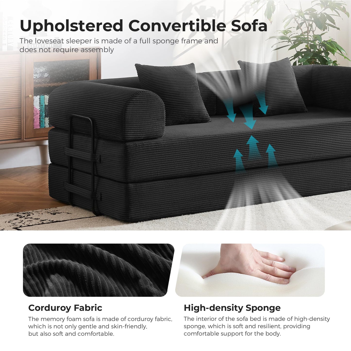 79" Modular Sofa Bed, Convertible Sleeper Sofa Bed, Couch Bed with Fixed-Shape Frame, Corduroy Floor Sofa Lounge Couch, Couches for Living Room with 2 Pillows, No Assembly Required, Black