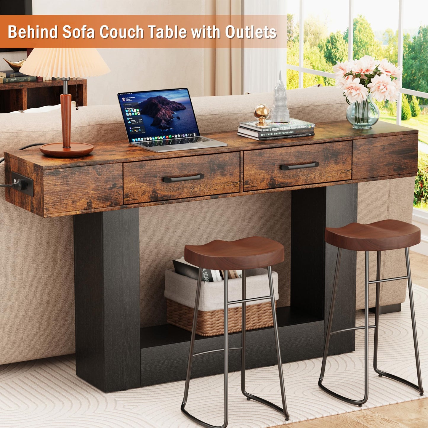63" Long Console Table with LED Lights & Charging Station,2-Tier Entryway Table with Drawers and Open Storage Shelf for Entry Way,Farmhouse Sofa Table with Heavy Duty Base for Hallway, Foyer(Brown)