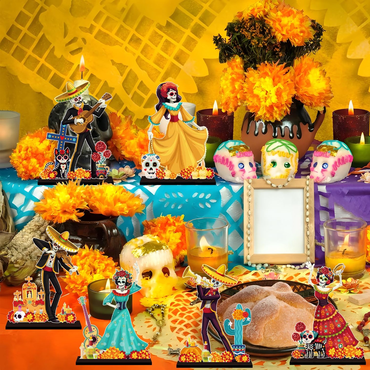 6Pcs Dia De Los Muertos Decorations Wooden Table Centerpiece Day of the Dead Decorations Dancing Couple Sugar Skull Table Topper Photo Props for Mexican Day of The Dead Party Tiered Tray Decor