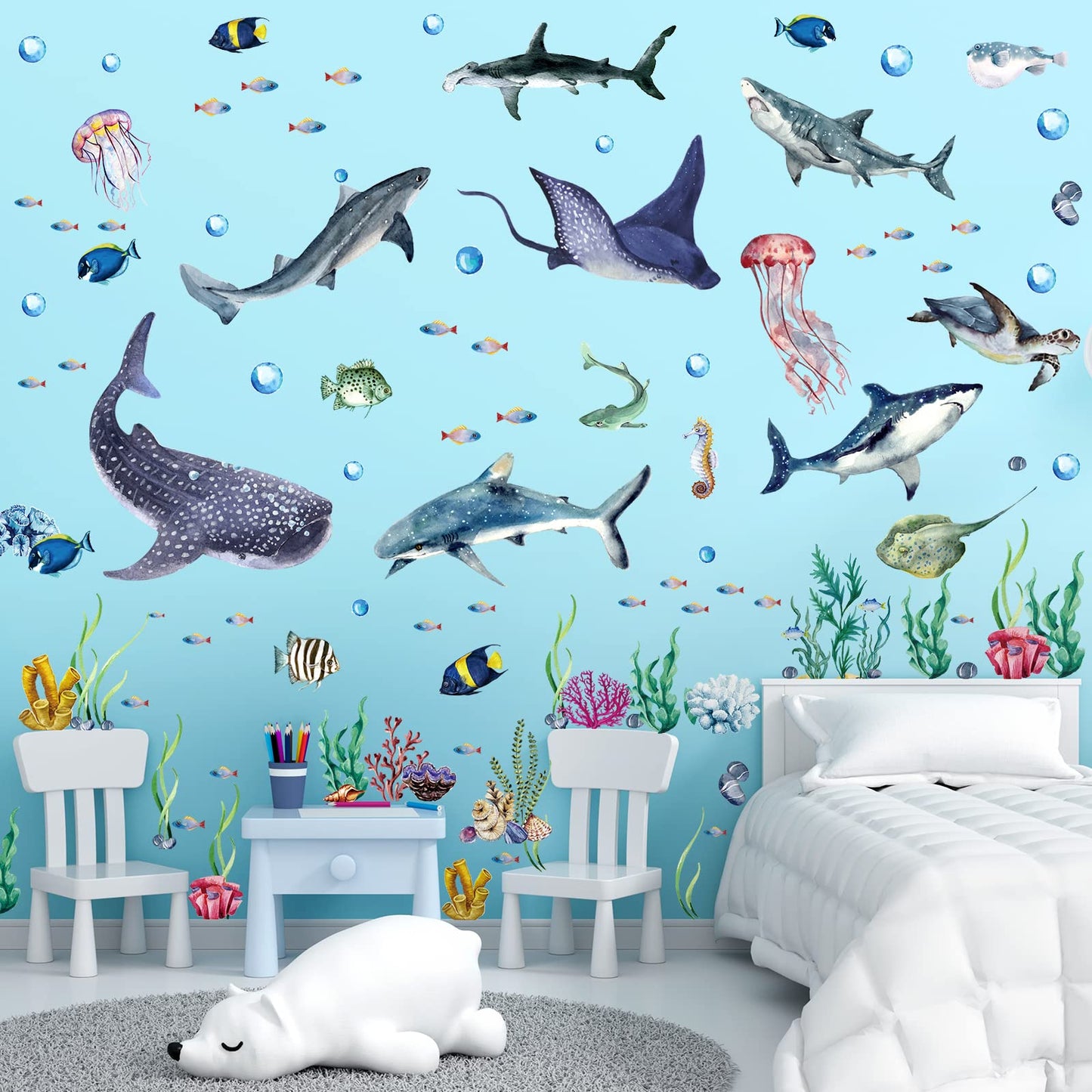 3 Pieces Large Watercolor Sharks Wall Decals Ocean Animal Peel and Stick Wall Sticker Under The Sea Marine Life Theme Decals Nursery Room Home Decor Party Supply, 11.2 x 34.6 Inches