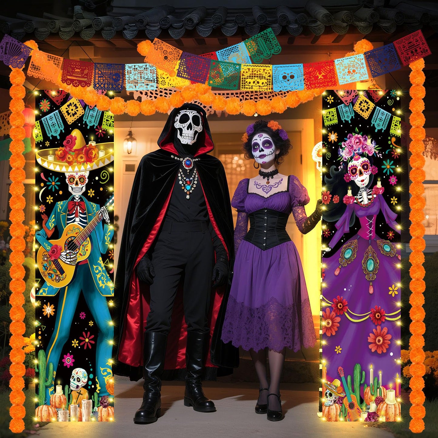 VitalCozy 10 Pcs Day of The Dead Decorations Dia De Los Muertos Porch Sign Banners with LED Lights Halloween Sugar Skull Decor Mexico Dia De Los Muertos Altar Backdrop Papel Picado Marigold Garland