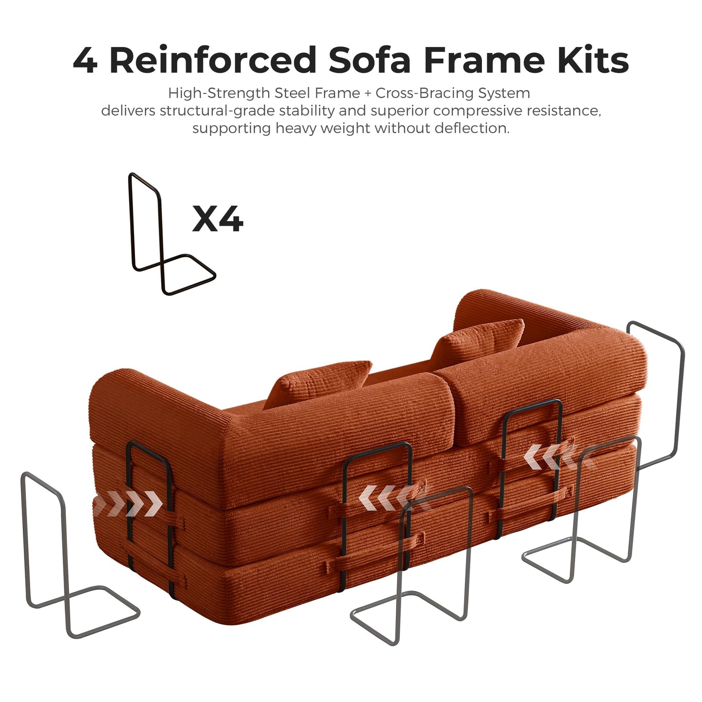 79" Convertible Sleeper Sofa Bed, Floor Sofa Lounge Couch with Fixed-Shape Frame, Modular Sectional Sofa Bed with 2 Pillows, Corduroy Loveseat Couches for Living Room, Bedroom, Lounge Studio（Orange）